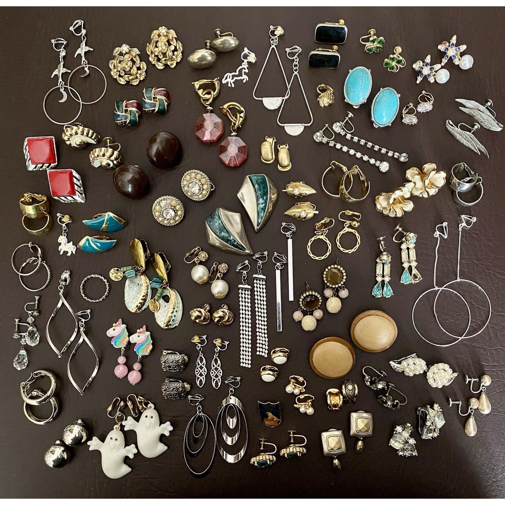 Vintage - Now Huge Lot Of Earrings Crystal Rhinestone Screw Back Pierced Clip On